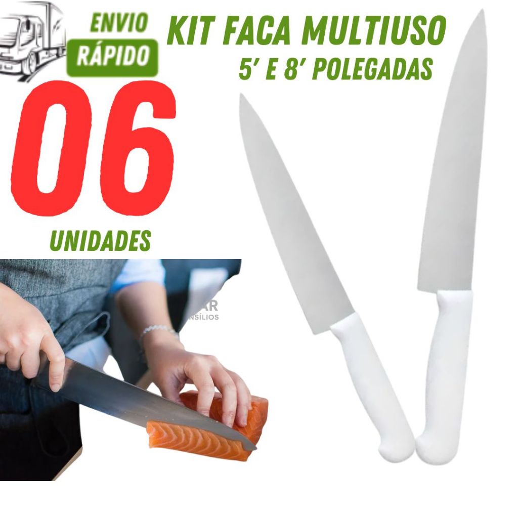 Facas Inox Cortar Conjunto com 06/04/02 Unid Facas Peixeira 8 e 5 "Polegadas Cabo Branco Corta Carne