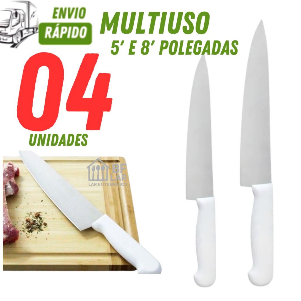 Facas Multiuso 04 ou 02 Unid Faca Peixeira 8 e 5 "Polegadas Cabo Branco e Inox Corta Carne e Legumes
