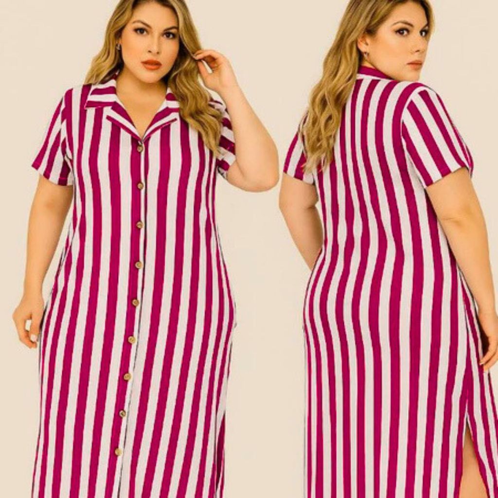 Vestido Feminino G1 G2 G3 Chemise Soltinho Manga Curta Verão Chamise Listrado Midi Plus Size