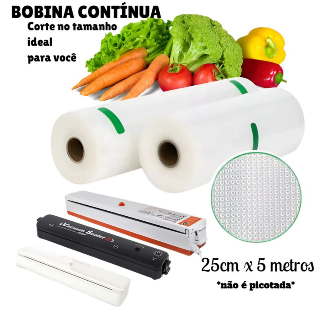 Rolo Bobina Embalagem A Vácuo com ranhuras para Seladora a Vácuo Doméstica 25cmx5m