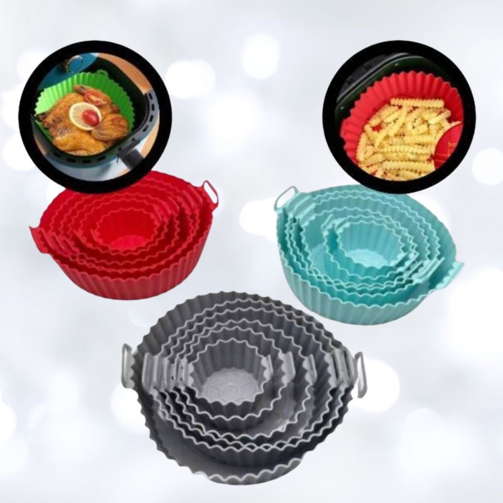 Kit Com 6 Formas Antiaderente Cesta Redonda de Silicone Para Air Fryer Fritadeira Universal C/ Alça Cor Sortida