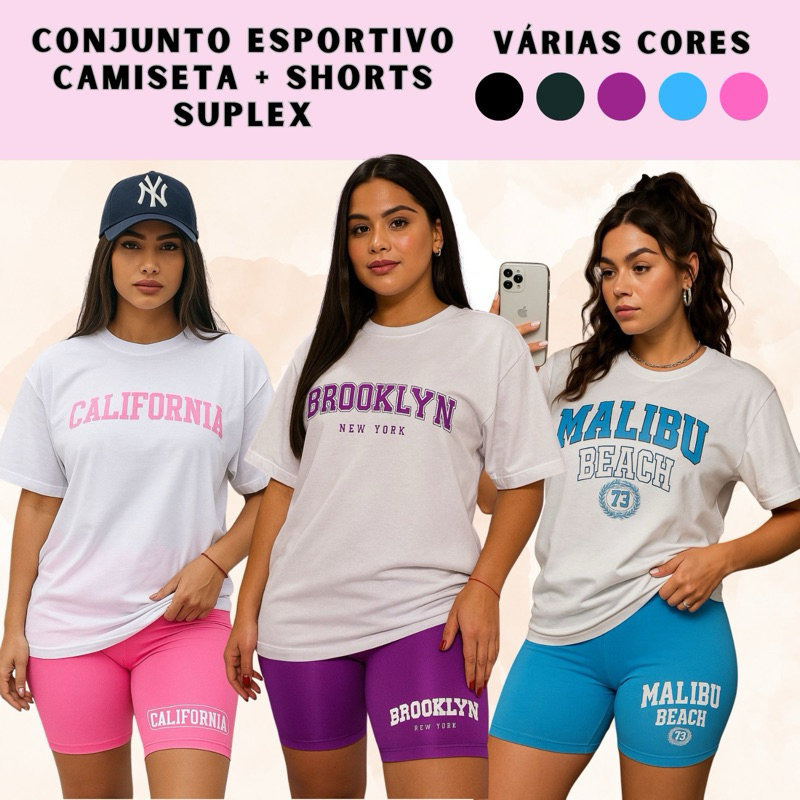 Conjunto Fitness Feminino Bermuda Suplex Camiseta Algodão Academia Cós Alto Zero Trasnsparência