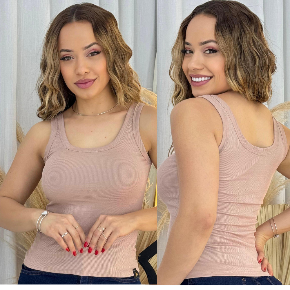 Blusa regata canelada feminina nude básica justinha versátil confortável para o dia a dia.