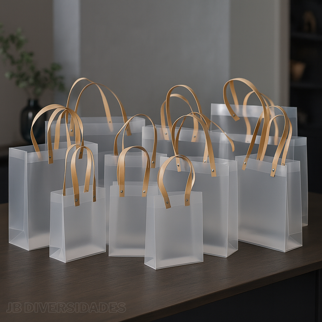 12 Sacola Transparente Fosca de PVC com Alça  de couro Decoração presentes em Oferta na Shopee