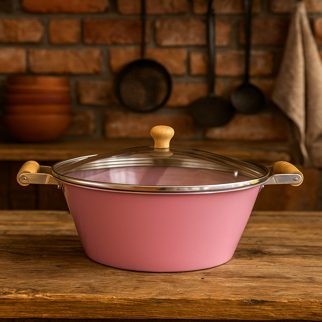 Tacho Alumínio 26 cm Rosa com Tampa e Cabo de Madeira – Cozinha, Doces, Frituras em Oferta na Shopee