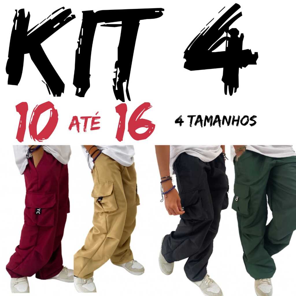 KIT 4 calça infantil juvenil cargo tactel 6, 8,10,12,14,16 passeio escola preto