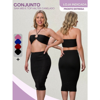 Conjunto Feminino Malha Canelada Top Halter com Argola + Saia Midi de Cintura Alta em Oferta na Shopee
