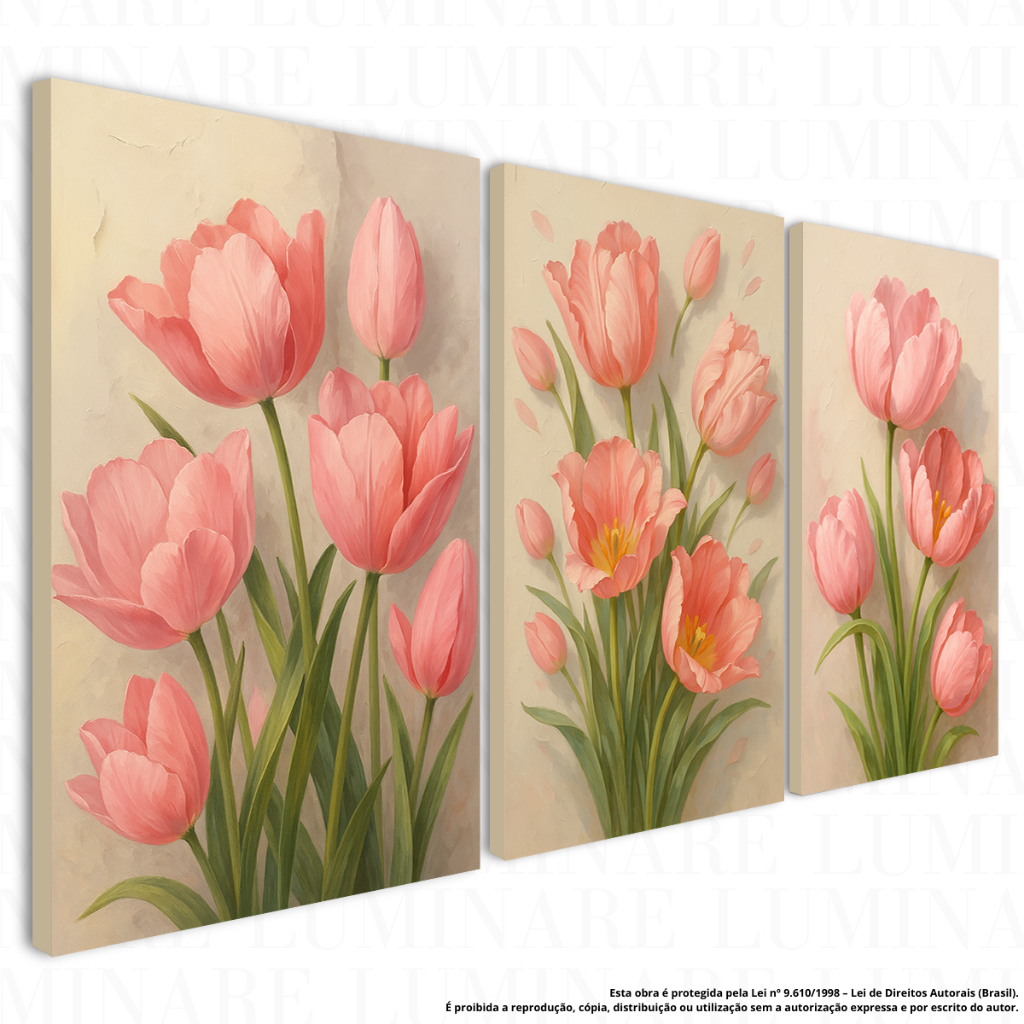 Quadro Decorativo Tulipas Coloridas em 3 Peças MDF | Painel Floral Sala Quarto Parede Moderna