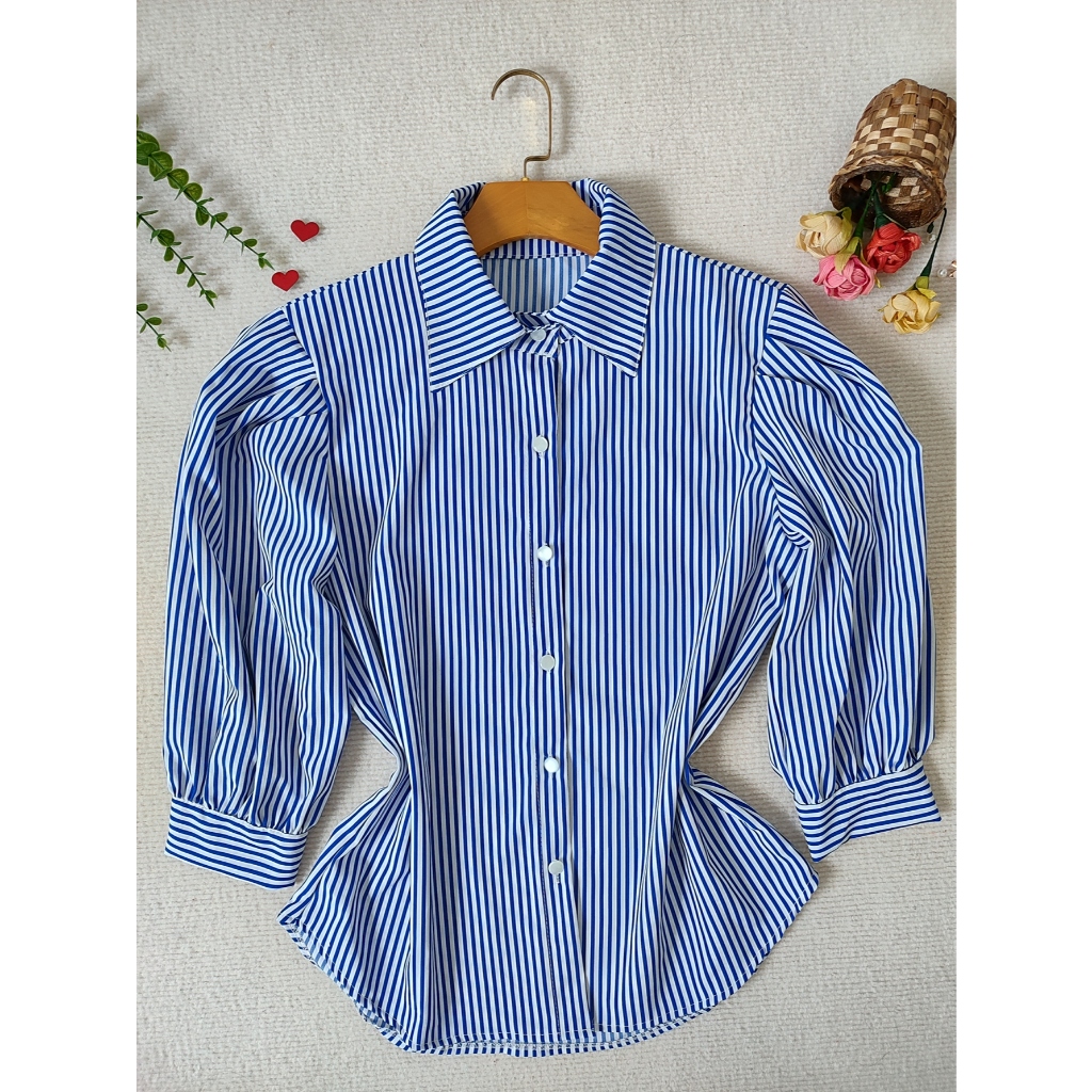 L.L.MODAS FEMININA   camisa listrada feminina manga 3/4 tecido crepinho em Oferta na Shopee