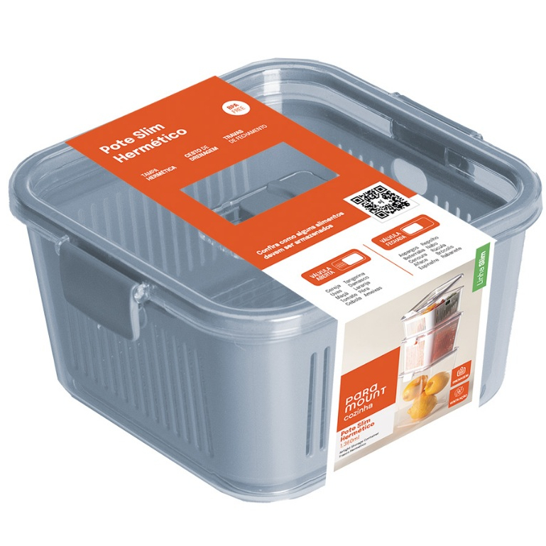 Pote Slim Hermético  Tampa Com Trava e Cesto De Drenagem e Separador de Água Interna e Ventilação- Cinza-1.360ml