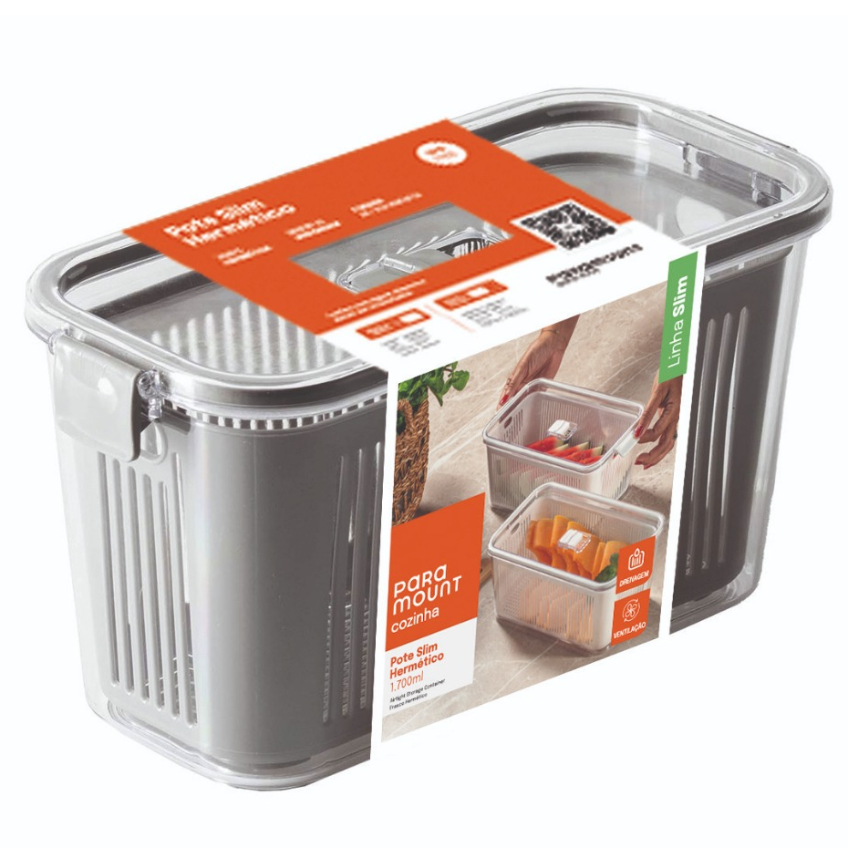 Pote Slim Hermético  Tampa Com Trava e Cesto De Drenagem e Separador de Água Interna e Ventilação- Cinza-1.700ml