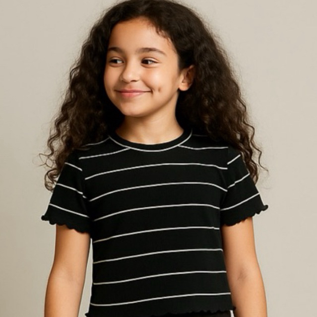 Blusa infantil Menina de Manga Curta Frufru em Tecido Ribana com listras verticais 4 ao 14