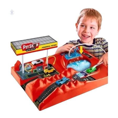 Pista Pit Stop Com 2 Carrinhos Miniatura auto posto e lava rápido