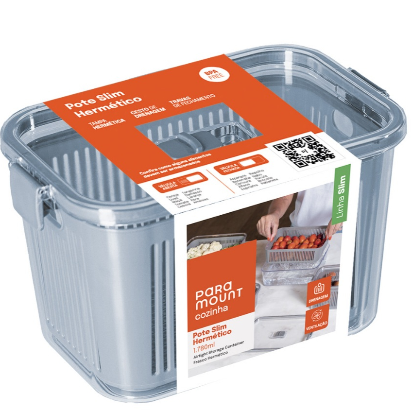 Pote Slim Hermético  Tampa Com Trava e Cesto De Drenagem e Separador de Água Interna e Ventilação- Cinza-1.780ml