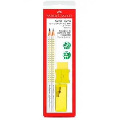 Kit Escolar Neon Faber Castell - 2 Lápis Grafite Grip + 1 Borracha + 1 Apontador com depósito