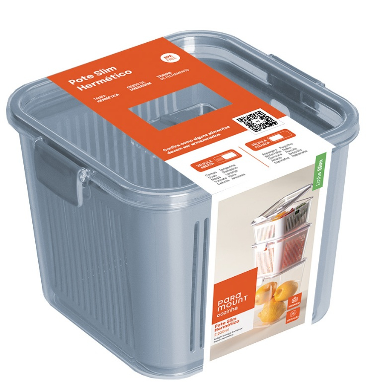 Pote Slim Hermético  Tampa Com Trava e Cesto De Drenagem e Separador de Água Interna e Ventilação- Cinza-2.030ml