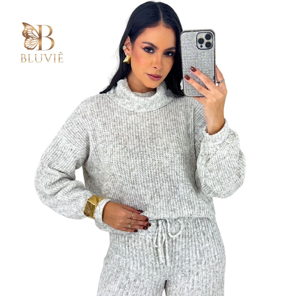 Conjunto Confortável Tricot Calça Larga + Cropped Gola Alta Tendência