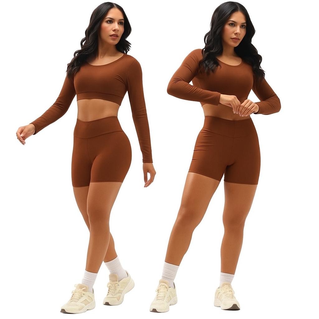Conjunto Feminino Academia Cropped Manga Longa Short Meia Coxa Cintura Alta Fit Modelagem Perfeita Virginia