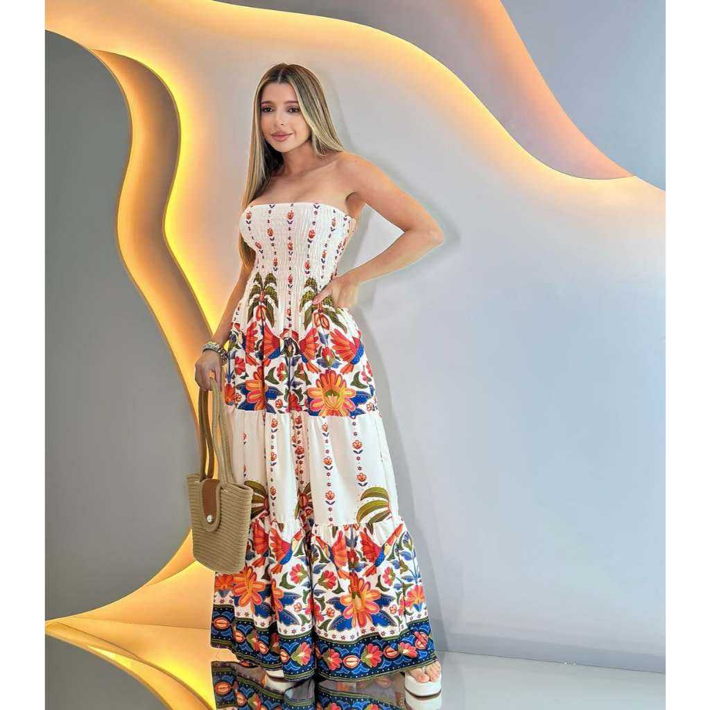 Vestido Longo  feminina Tomara que Caia Con Elastex Estampado Cores De Verão