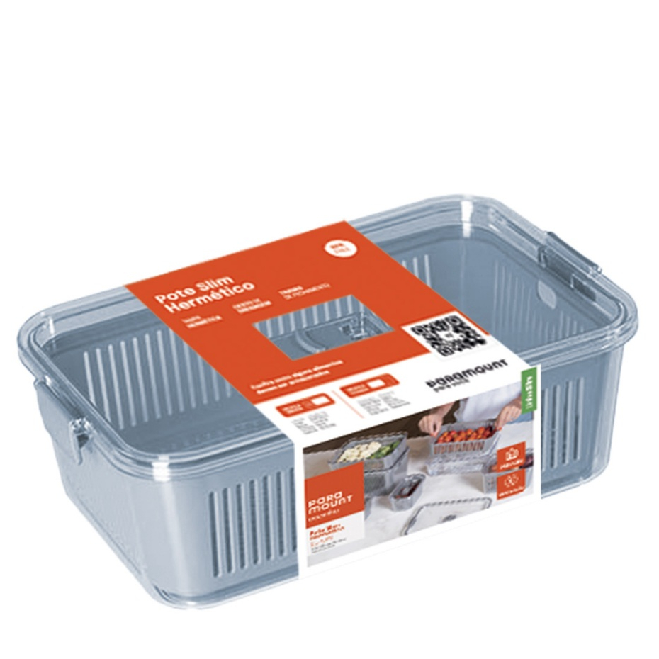 Pote Slim Hermético  Tampa Com Trava e Cesto De Drenagem e Separador de Água Interna e Ventilação- Cinza-2570ml