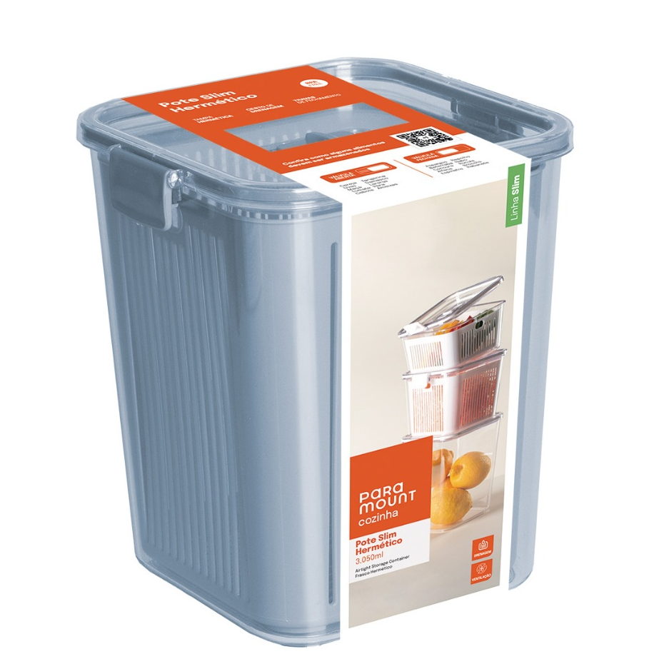 Pote Slim Hermético  Tampa Com Trava e Cesto De Drenagem e Separador de Água Interna e Ventilação- Cinza-3.050ml