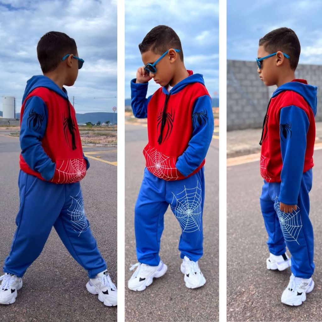 Blusa De Moletom Canguru Capuz Masculino com Calça Flanelada Personagem Desenho Aranha Roblox