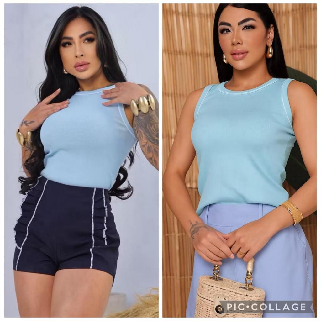 BLUSA FEMENINA BICOLOR  TECIDO RIBANA COM VENAS TETALHE BASICA ESTILOSA E CONFORTÁVEL