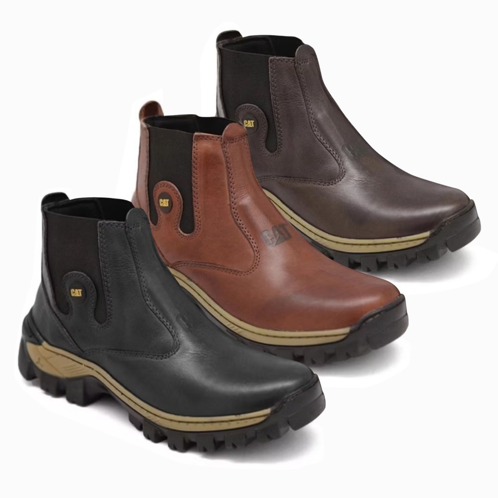 KIt 3 Pares de Botina Coturno CAT Masculina Adventure De Couro Confortável Impermeável Solado Antiderrapante Super Leve