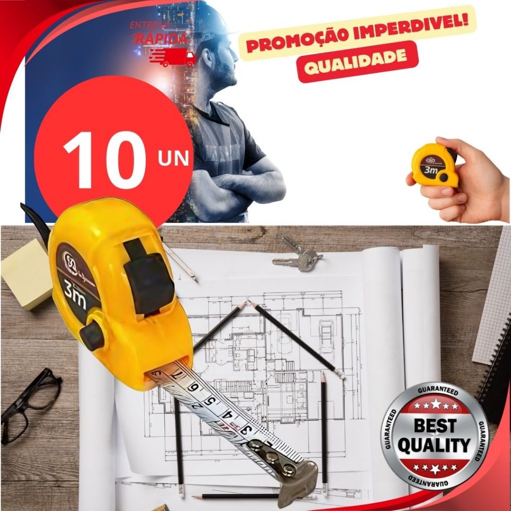 Kit 10 Trena  3m x 15,2mm de Metal c/ Trava Freio Manual, Agilidade na Aferição das Medidas p/ Obras Reformas