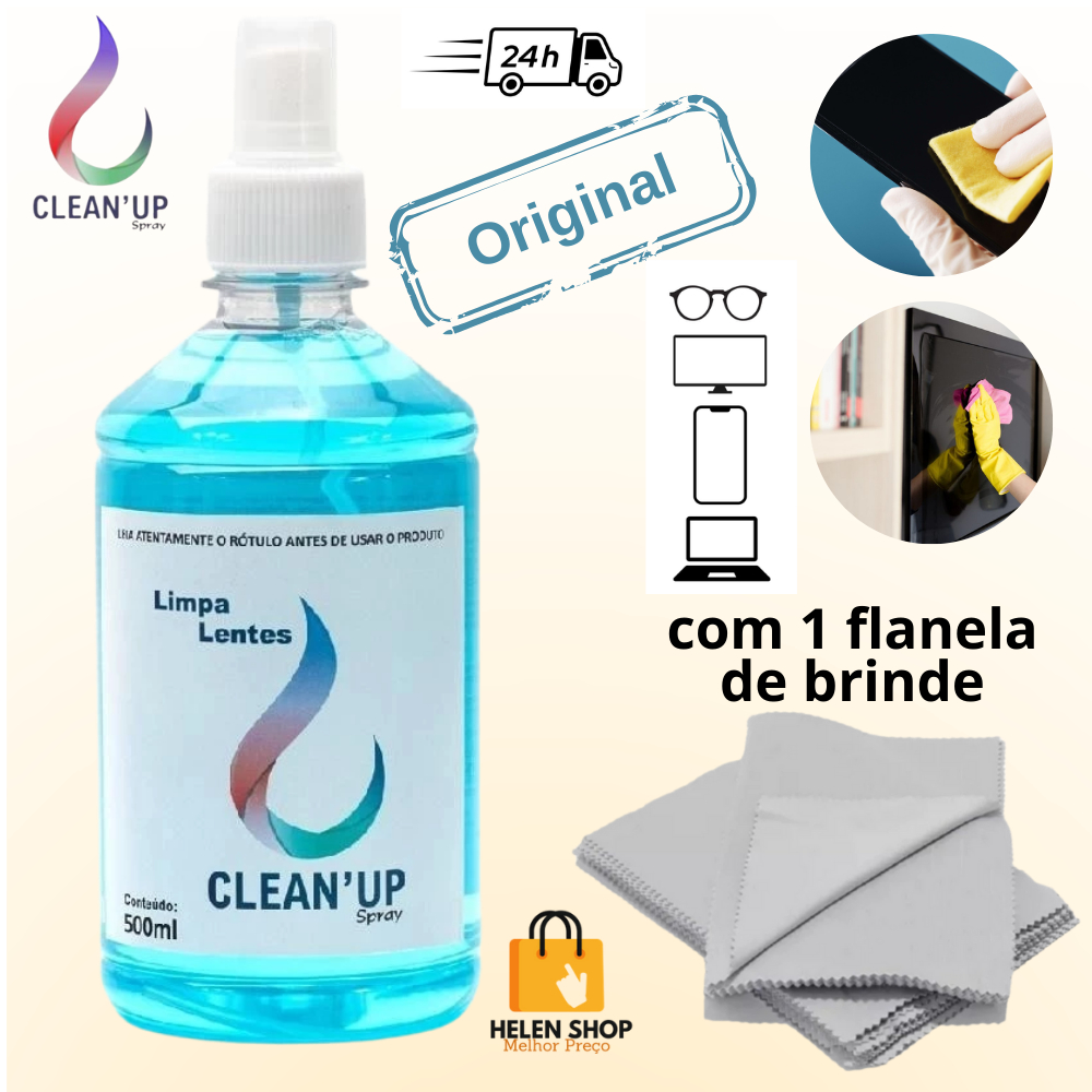 Limpa lentes 500ml oculos tela de celular tv notebook clean up grande spray com flanela mágica em Oferta na Shopee