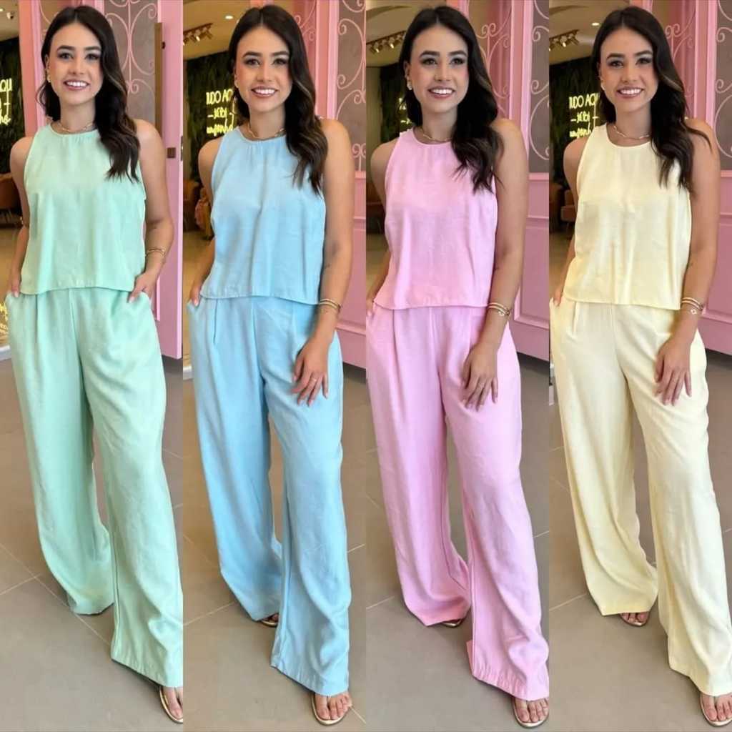 Conjunto linho feminino Social calça pantalona e Blusa regata