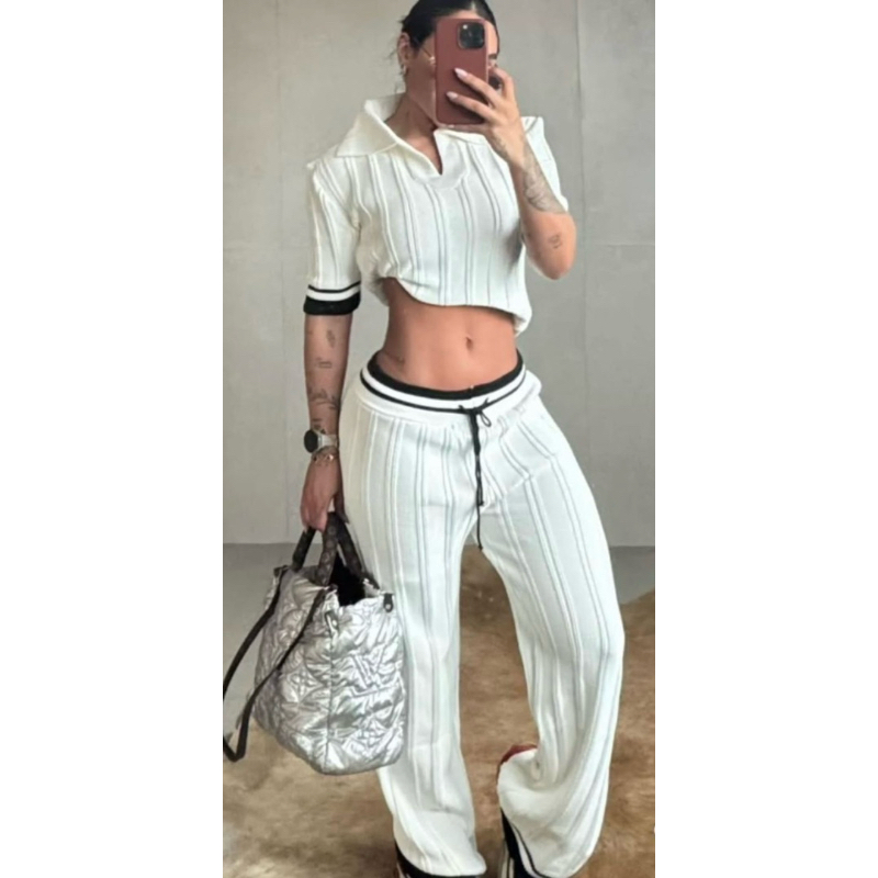 Conjunto tricot modal com calça wide leg e blusa gola polo meio manga (CS2) em Oferta na Shopee
