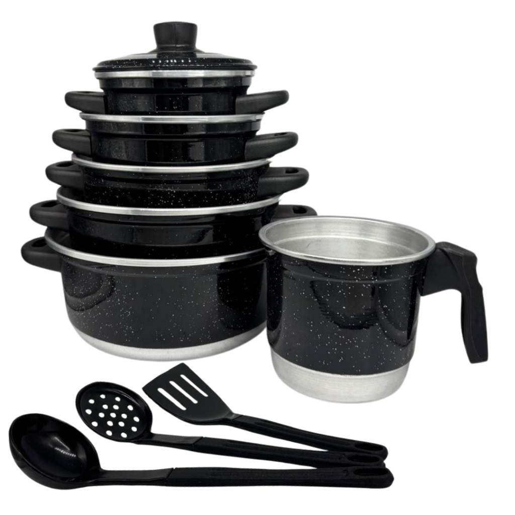 Jogo de Panelas Aluminio 5 pçs Preto Liso + Leiteira no 12 + Kit 3 Espatulas Kit 9 pçs.