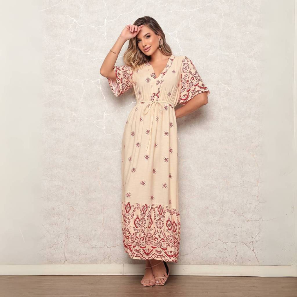 Vestido Longo Casual com Decote em V, Mangas Morcego Estampa Floral Lese para Férias No Campo