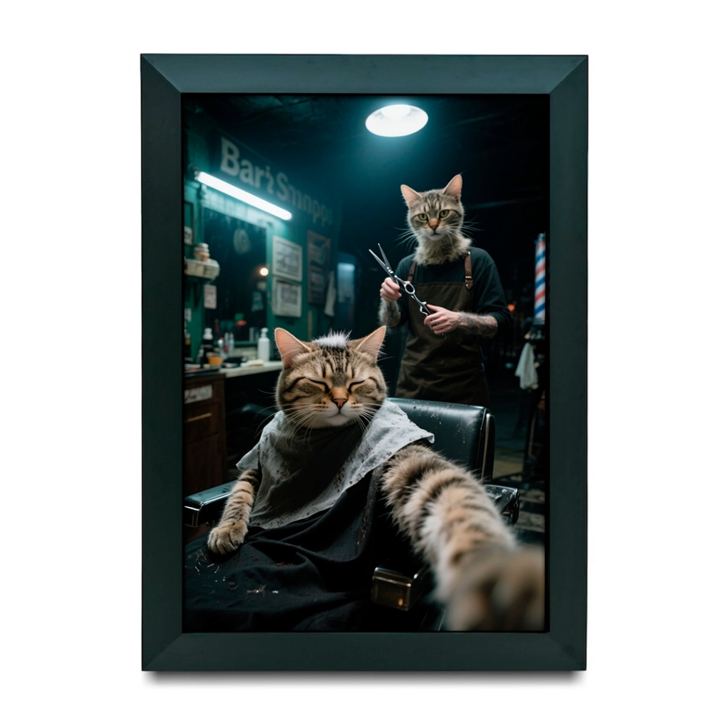 Quadro Barbearia Gato Barbeiro Cortando Cabelo Arte Engraçada Retrô Vintage Decoração