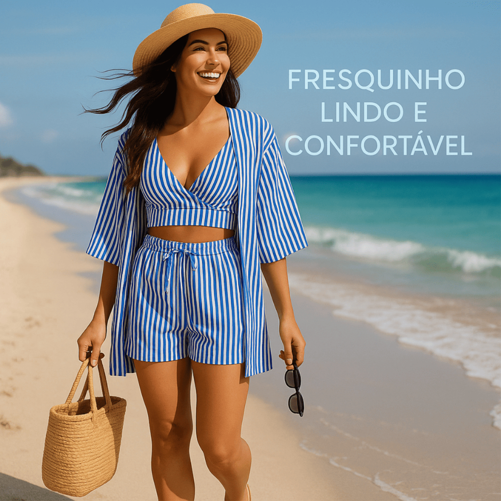 Conjunto Feminino Kimono Cropped Short Saida de Praia Leve Soltinho Primavera Verão 2026