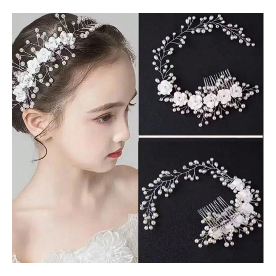 Tiaras Daminha Debutante - Noiva Prateado Flores Brancas com Pérolas – Estilo Sofisticado Madrinha