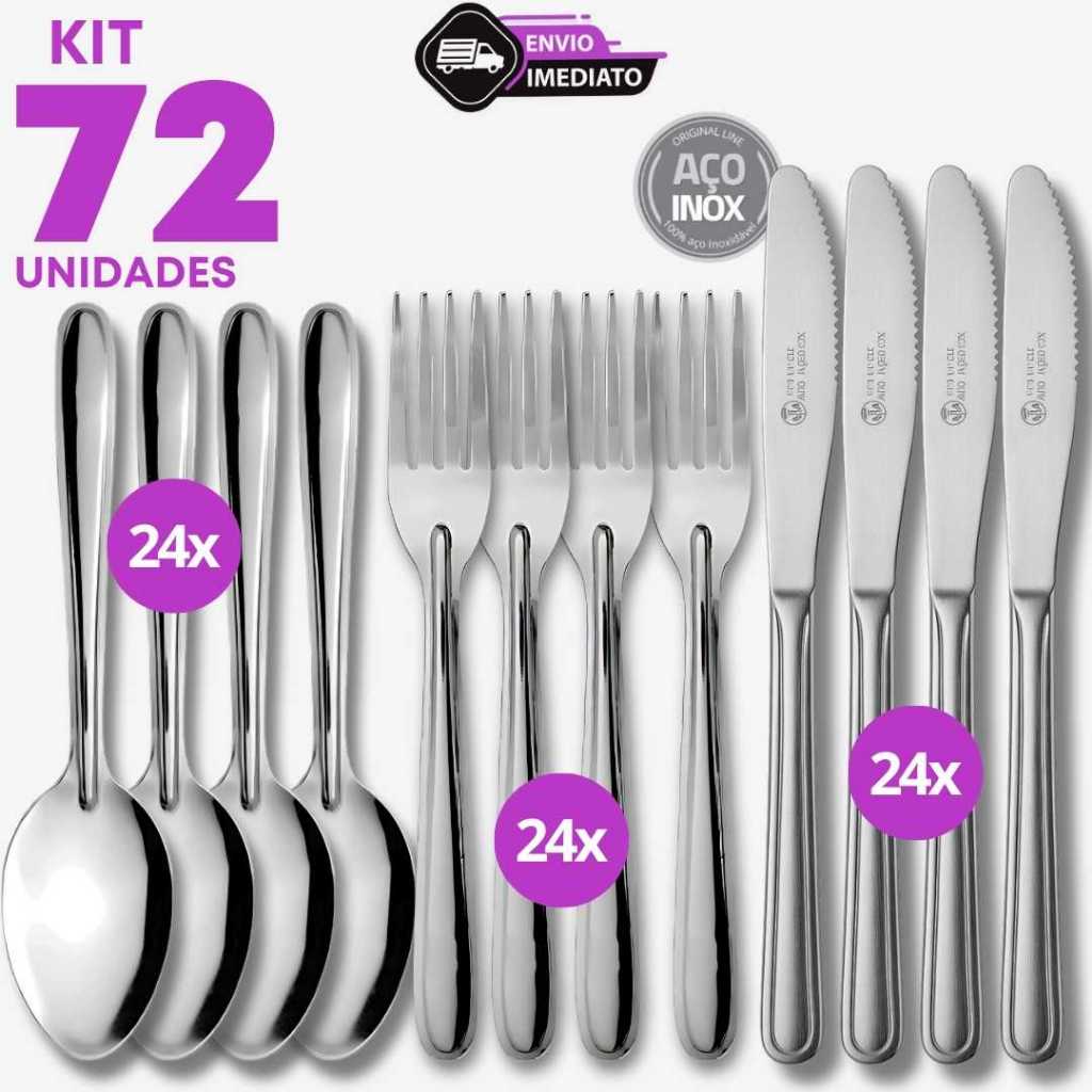 Jogo 72 Talher Inox 24 Colher 24 Garfo 24 Faca Sopa Refeição Almoço Elegante Jantar Churrascaria Bar