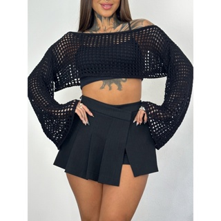 Cropped Blusa Curto Ombro Caído Tricot Vazado em Oferta na Shopee