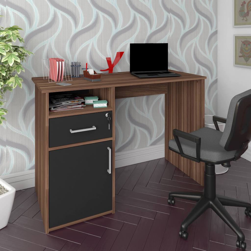 Mesa Escrivaninha para Notebook Home Office Pé Pedestal Hall Ipê com Preto - Artany Móveis