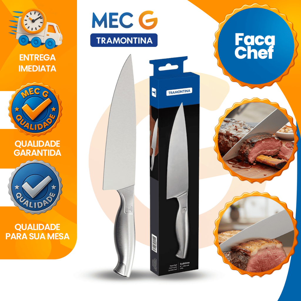 Faca Chef Cozinha Profissional 8" com Cabo Inox Sublime Tramontina Utility em Oferta na Shopee