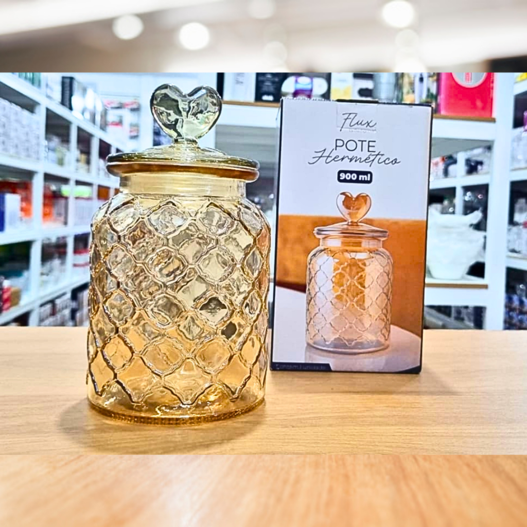 Pote de Vidro Hermético 900ml, Cor Âmbar com  Design Sofisticado Tampa de Coração - Flux em Oferta na Shopee