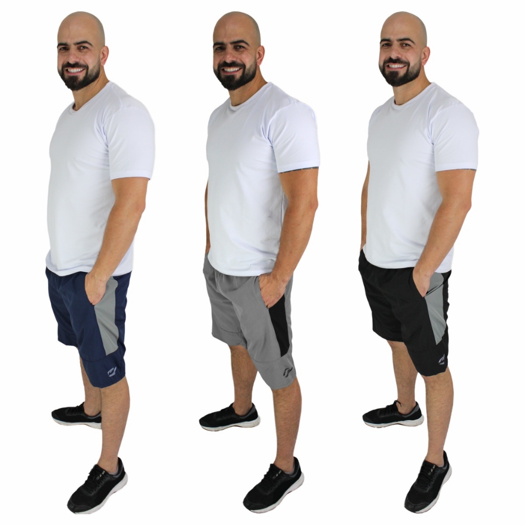 Kit 3 Bermuda Elástico Shorts Tactel com Elastano Praia Academia Masculina