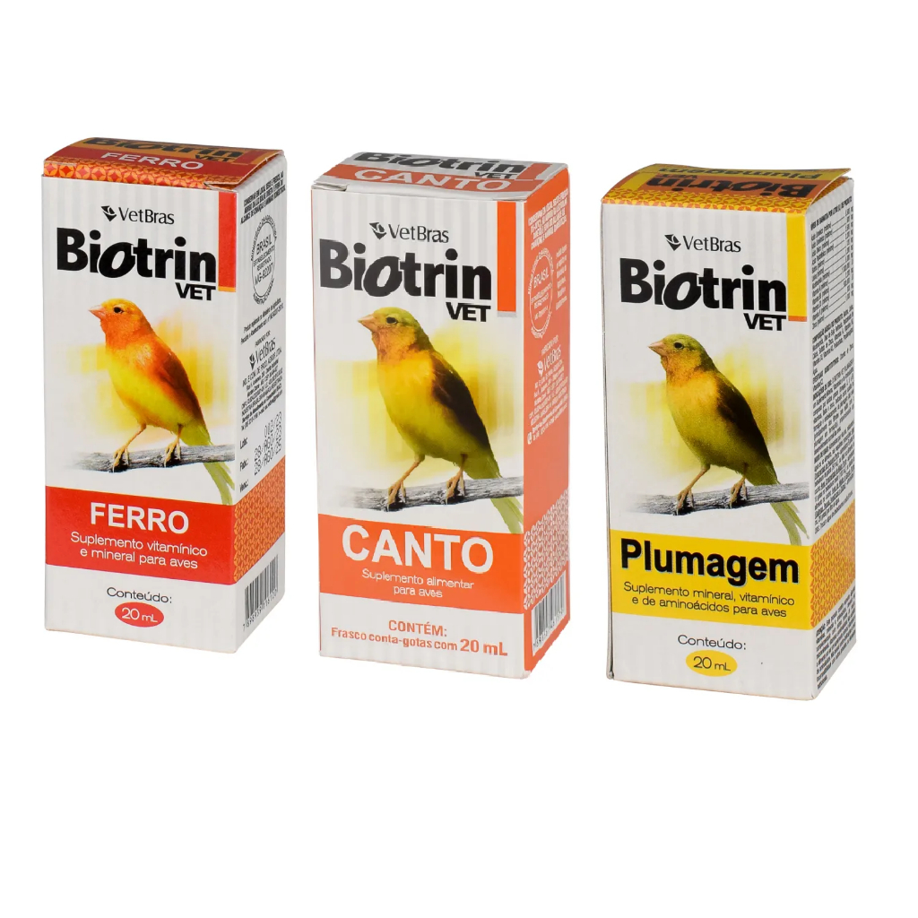 Kit Suplemento Vitaminico Biotrin Plumagem + Canto + Ferro 20ml
