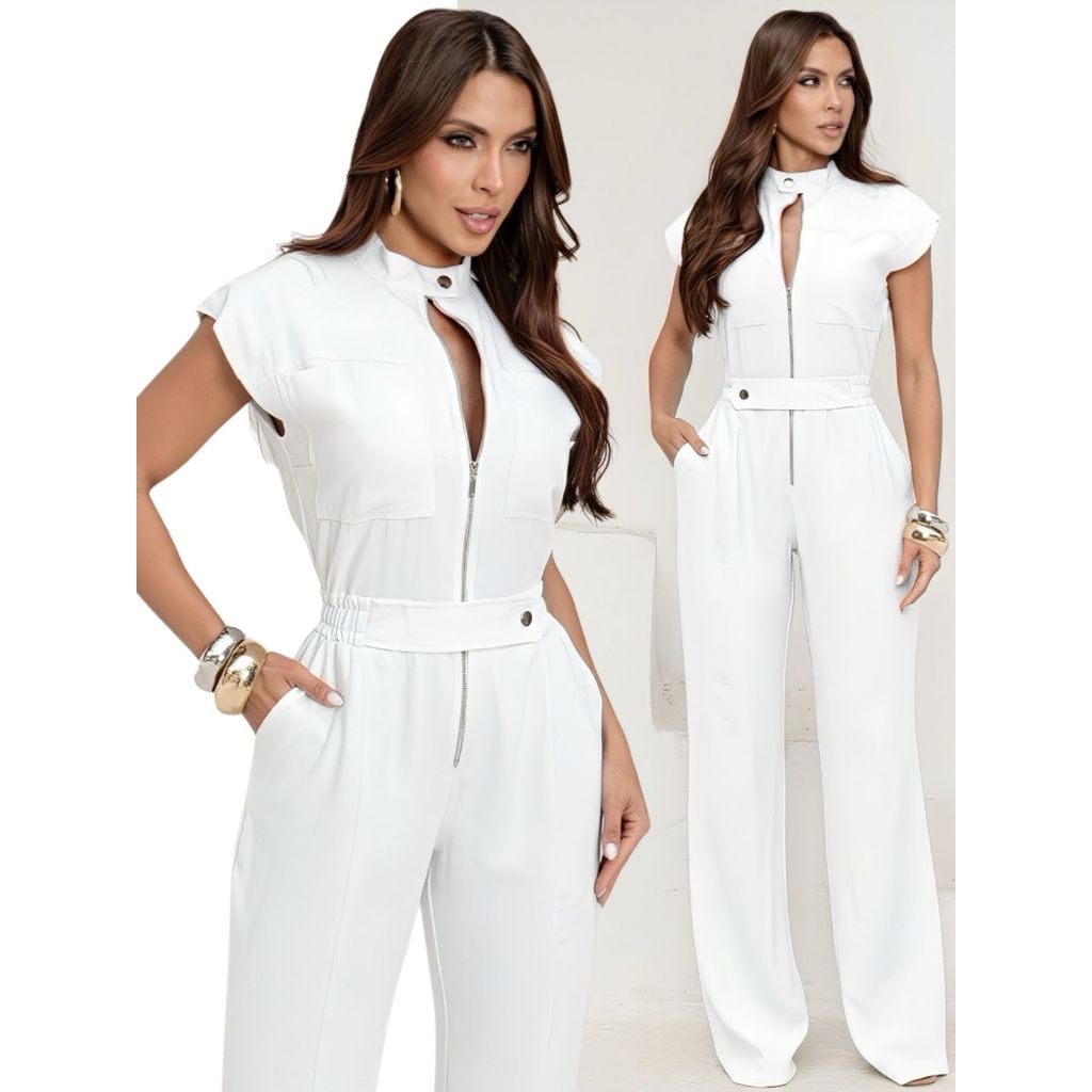 Macacão Feminino Cargo Longo Com Ziper Frontal Alfaiataria Elegante