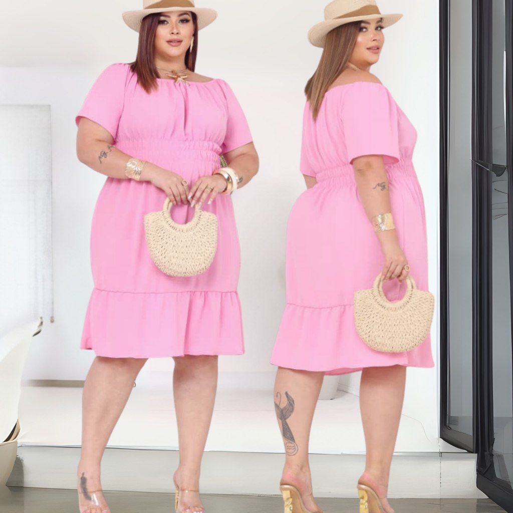 Vestido Midi Curto Plus Size Ombro a Ombro Ciganinha 40 ao 52 Duna com Elastex e Babado em Oferta na Shopee