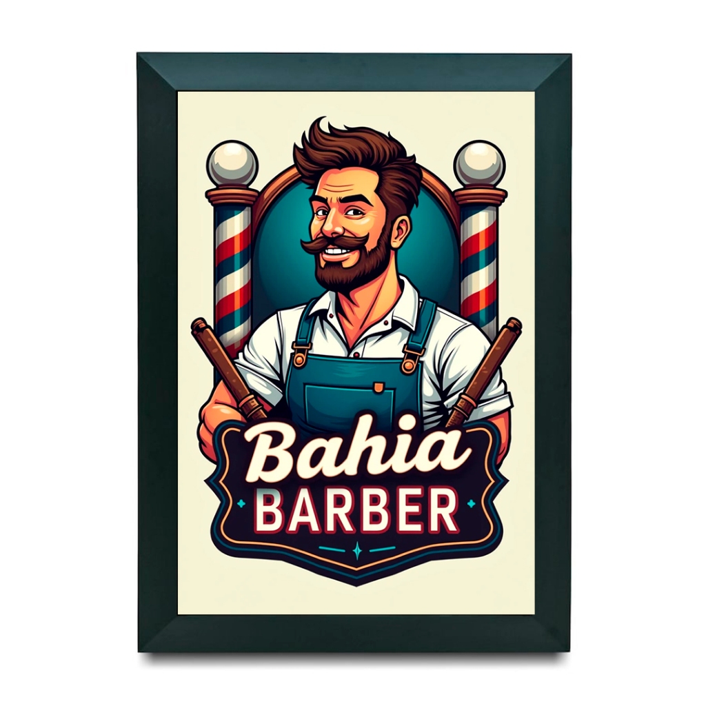 Quadro Decorativo Bahia Barber Barbearia Old School Retrô Salão Masculino Tesoura Bigode