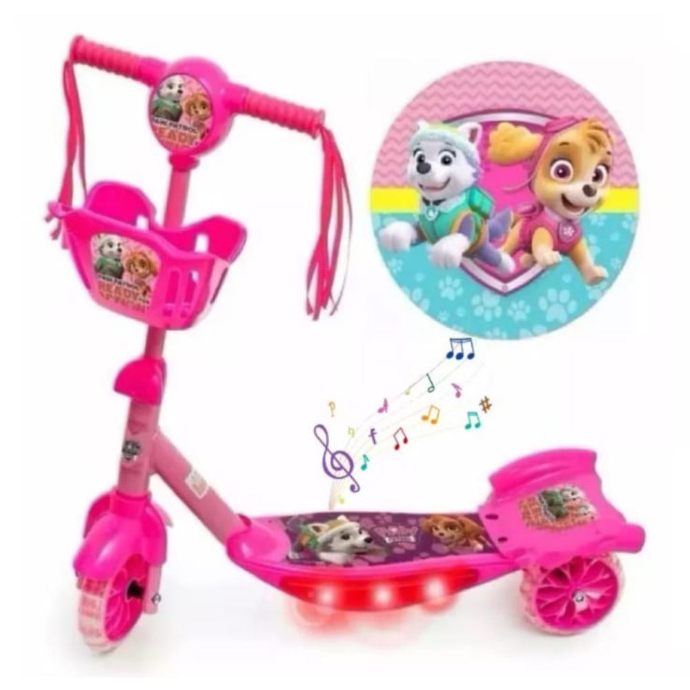 Patinete Infantil Patrulha Canina Menina  Rosa Musical Patinete Menina 3 Rodas Cesta e Luz Promoção