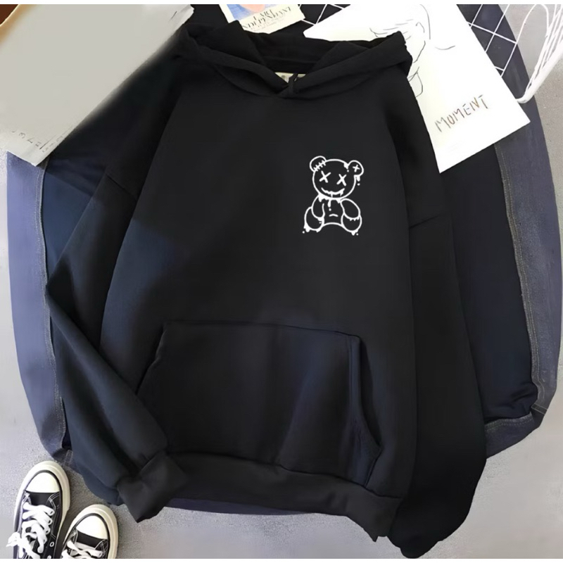 Blusa Moletom Canguru Feminino Unissex Flanelado Algodão Estampado Capuz Inverno Preto Urso