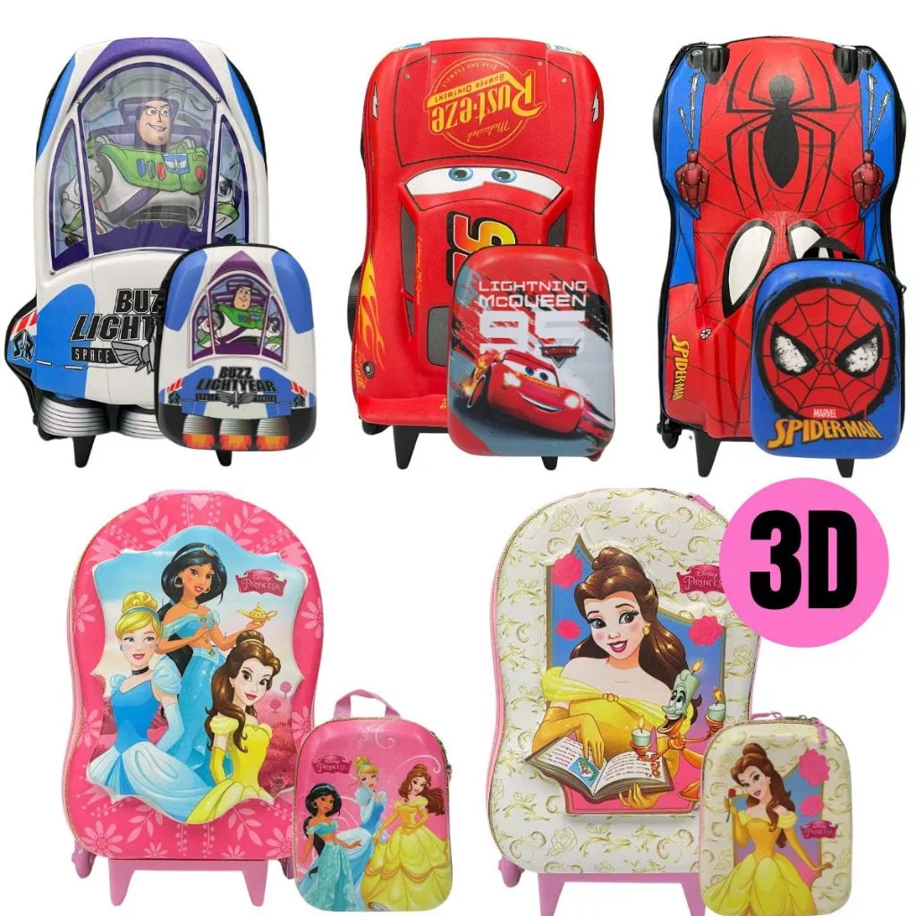 Kit Mochila Escolar 3D Infantil Reforçada com Rodinhas Lancheira Temas Menino e Menina